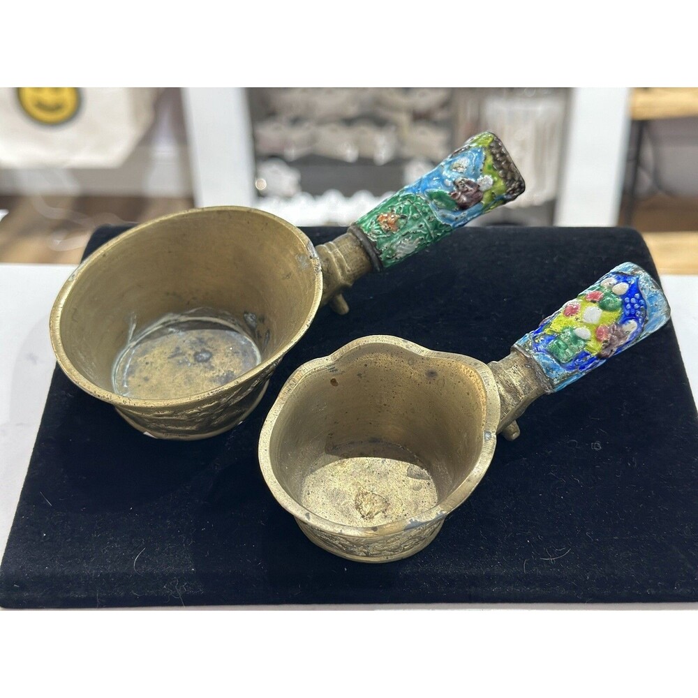 2 Antique Brass Chinese Silk Iron Coal Pan Hand Painted Enamel Handle
